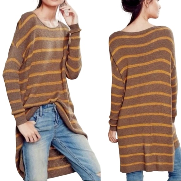 FREE PEOPLE Brown Yellow Stripe Pullover Tunic Oversized Knit Sweater Dress L - Picture 2 of 9
